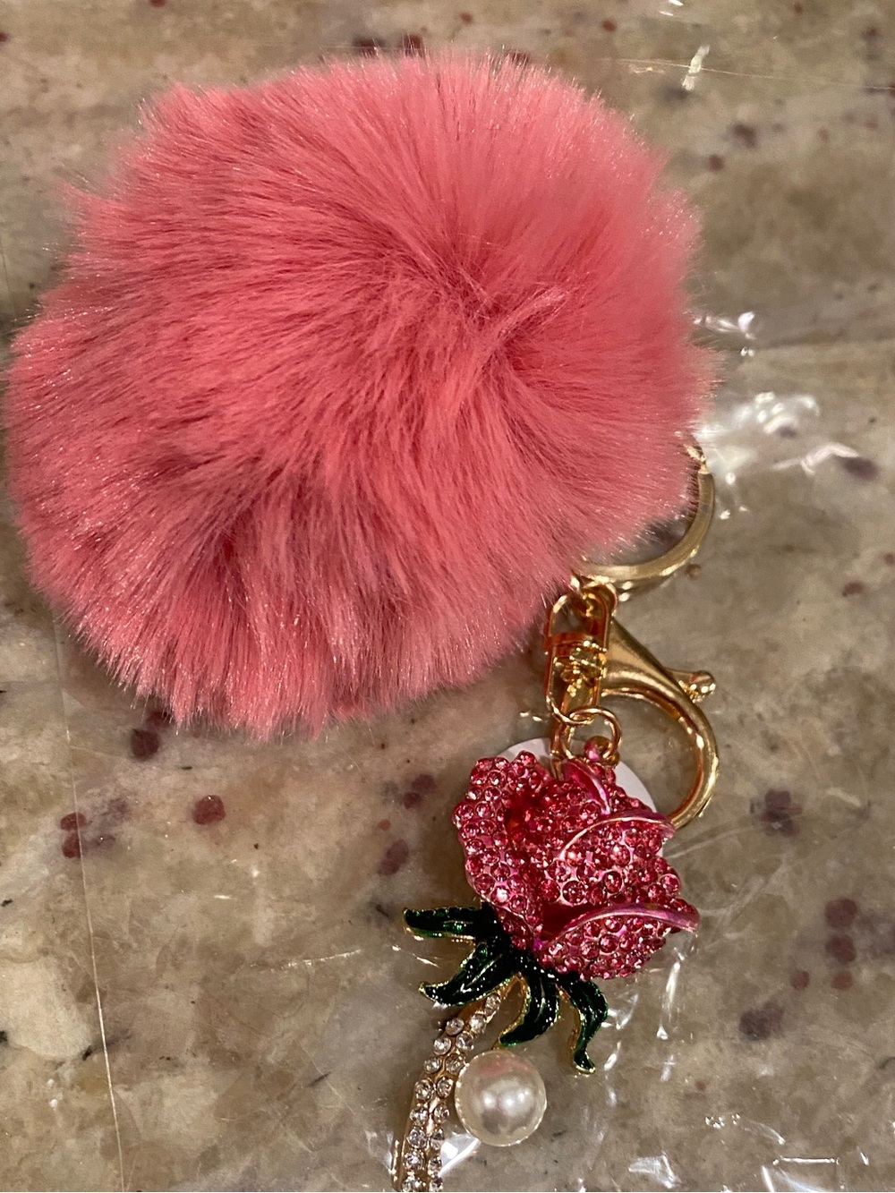 Pink Pom Pom Keychain with Rose Charm